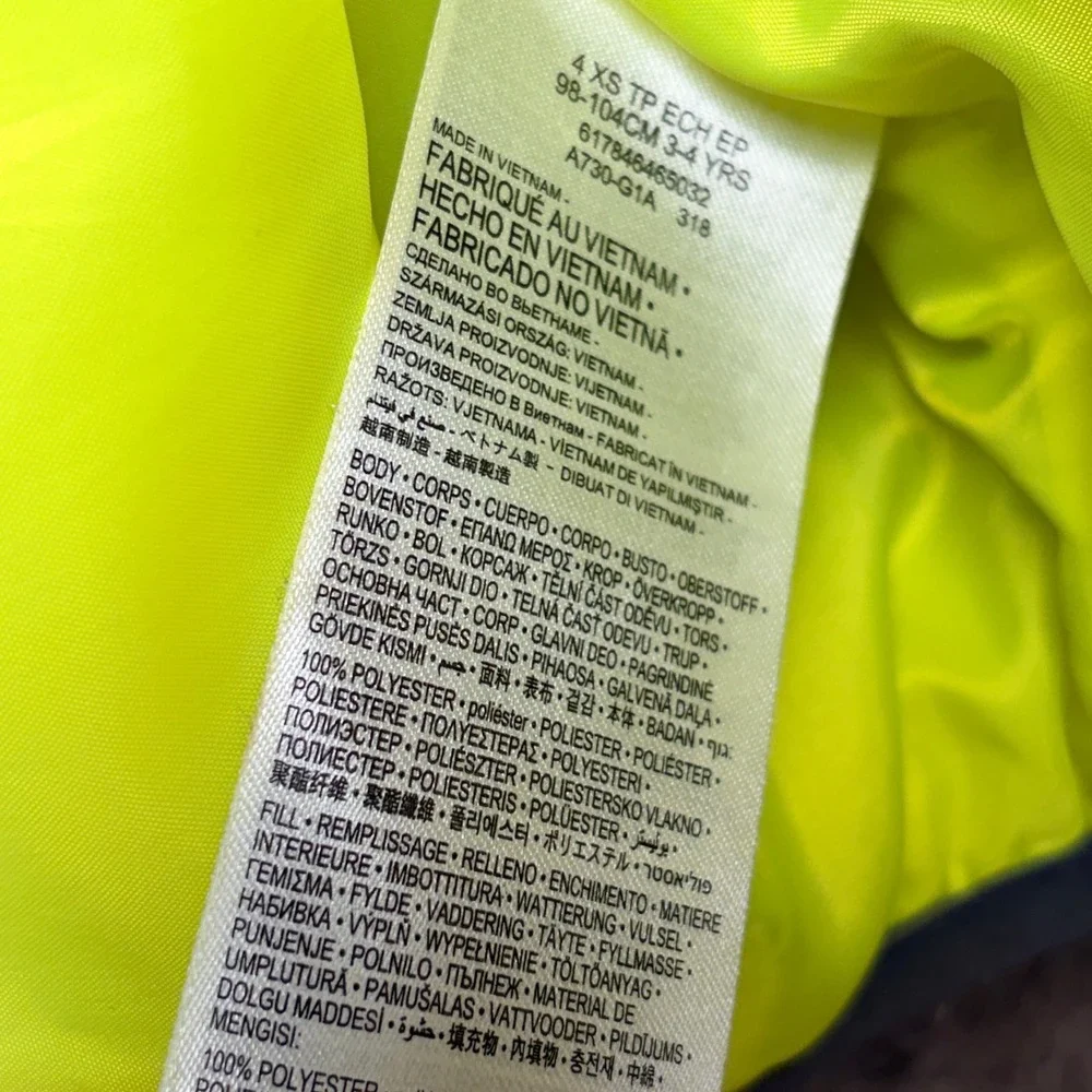 Nike Kids Puffer Jacket Grey Neon Yellow Hooded Full Zip Size 4 XS 3-4 Years